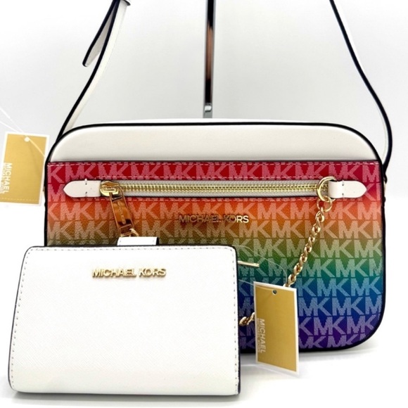 Michael Kors Large Signature Logo Crossbody Bag & Matching Bifold Wallet Rainbow - Picture 1 of 15